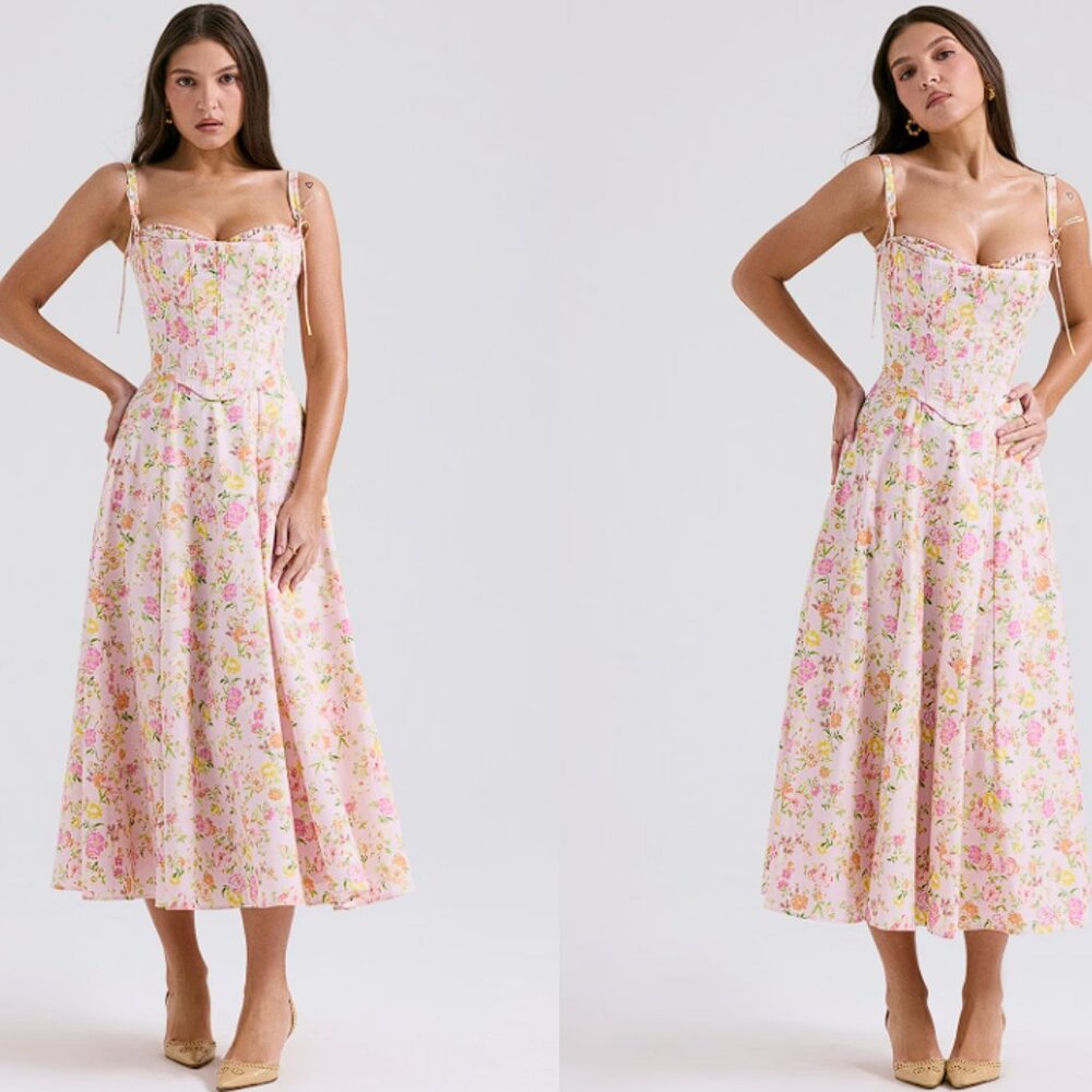 House of CB 'Clarabelle' Pink Meadow Print Cotton Midi Sundress NWOT